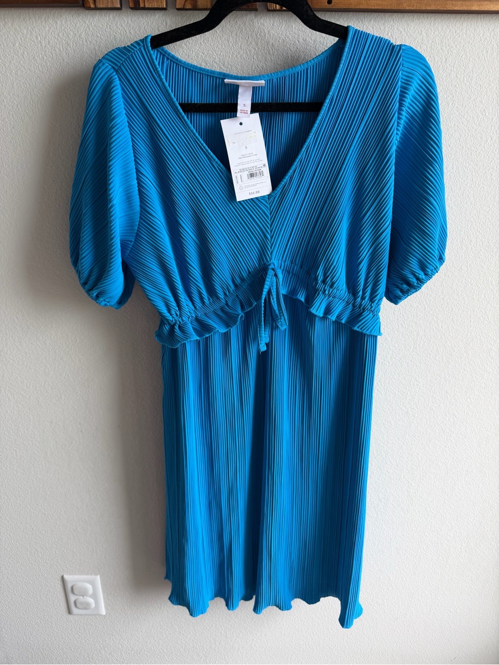 Blue Maternity V-Neck Midi Dress with Tie Waist NWT